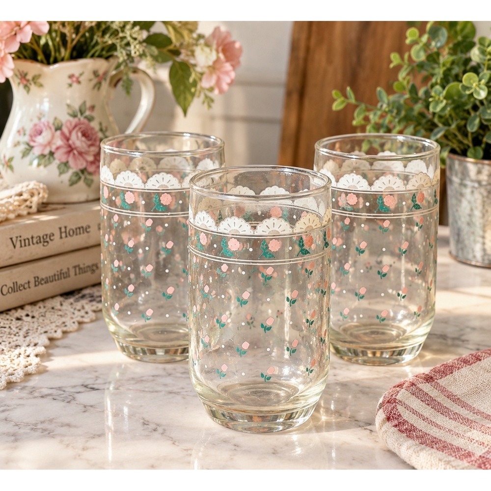Vintage 1988 Victoriana Pink Rosebud Juice Glasses Set of 3 Floral Tumblers